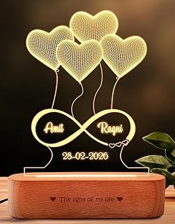 lampees Personalized 3D Illusion LED Table Lamp | Heart Shape Customized Name Lamp for Couple Gift Anniversary, Wedding, Marriage, Valentine Day (Warm White)(LV-015)