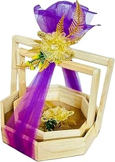 Vayu Art & Crafts OCTAGONAL PINEWOOD Gift Hamper Gift Packaging Festival Basket SET OF 2 With Decoration Net & Flower Lavender 20x20x4.5 CM, 25x25x4.5CM