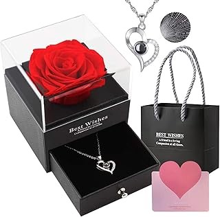 SNAPTRON Gifts For Girlfriend,Wife,Love-Marriage Anniversary Gift For Wife Preserved Rose Flower With Heart Necklace-I Love You in 100 Languages & Love Note Valentine Gift For Girlfriend/ Cute Birthda