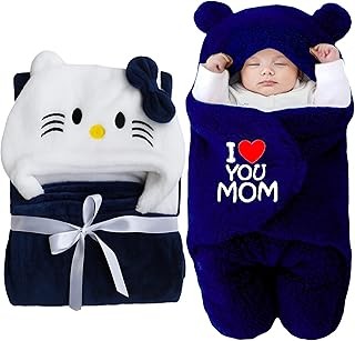 First Kick Baby Blankets New Born Combo Pack of Hooded Wrapper Sleeping Bag and Baby Bath Towel for 0-6 Months Baby Boys and Baby Girls Pack of 2, Flannel, Navy Blue Mom & Kitty, lightweight