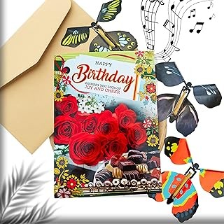 Musical Birthday Card with Wind-up Flying Butterflies, Auto-Playing Happy Birthday Music after Opening Card, Red Roses Design Card | 3 Pieces Butterfly | Birthday Gift