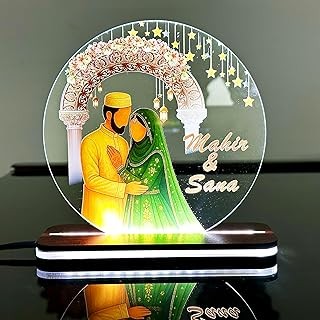 Customised Muslim Wedding Led Acrylic Lamp Custom Islamic Couple Name Light Gift Nikah Decor With Stars & Lanterns Engagement Or Walima Keepsake,Green
