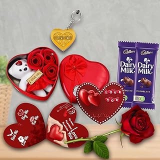AWANI TRENDS Valentine’s Day Gift Combo for Girlfriend/Wife |Husband/Boyfriend Birthday & Anniversary Gift Heart Shape Metal Box with Artificial Rose, 2 Chocolates & Heart Greeting Card | Romantic Lov