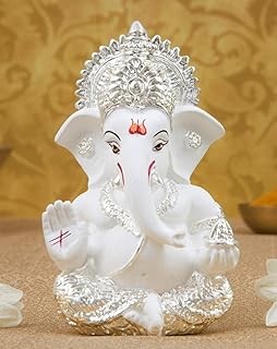 Gold Art India Silver Plated White Ganesha for Car Dashboard Home Decor Gifting Diwali Birthday Festivals 3.5 x 2 Inches
